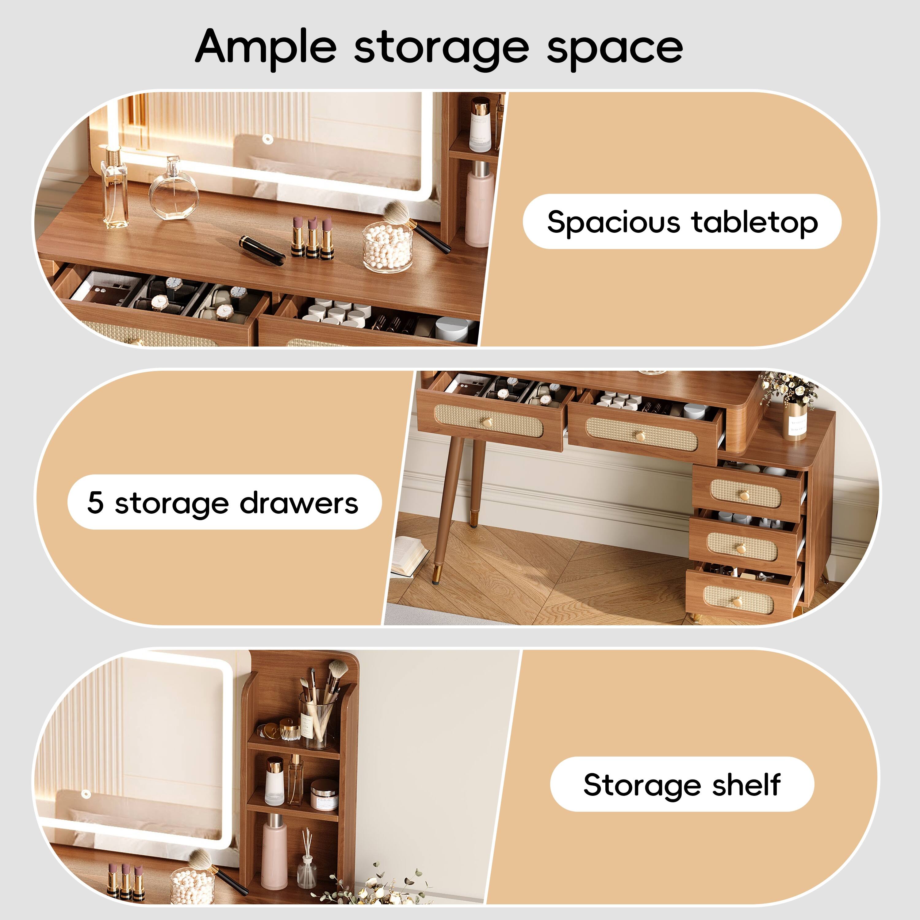 Ample storage space

- Spacious tabletop
- 5 storage drawers
- Storage shelf