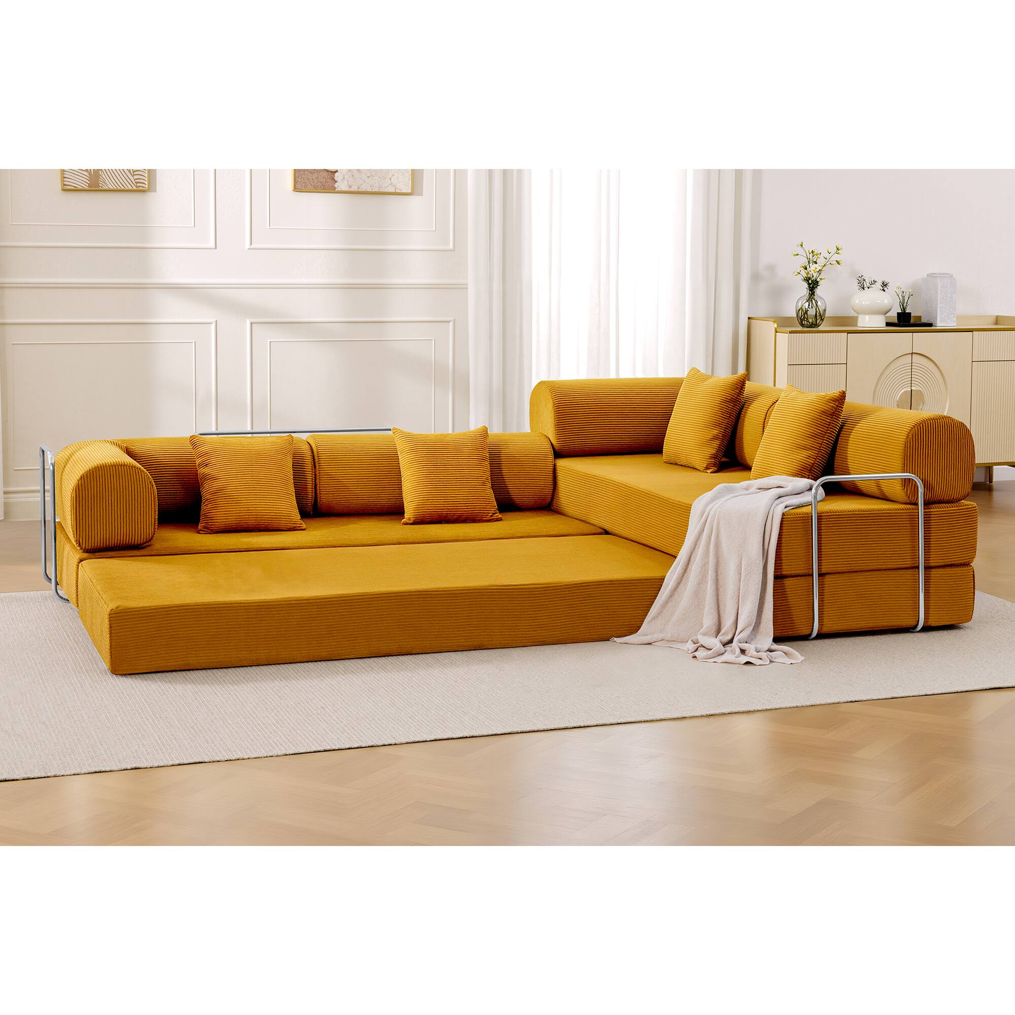 Left. KERDOM - L-Shaped Corduroy Couch Chaise Lounge, 78'' Foldable Sofa Bed 2pcs Combined, Spliced Block Modular Sectional Sponge Sofa - Ginger Yellow.