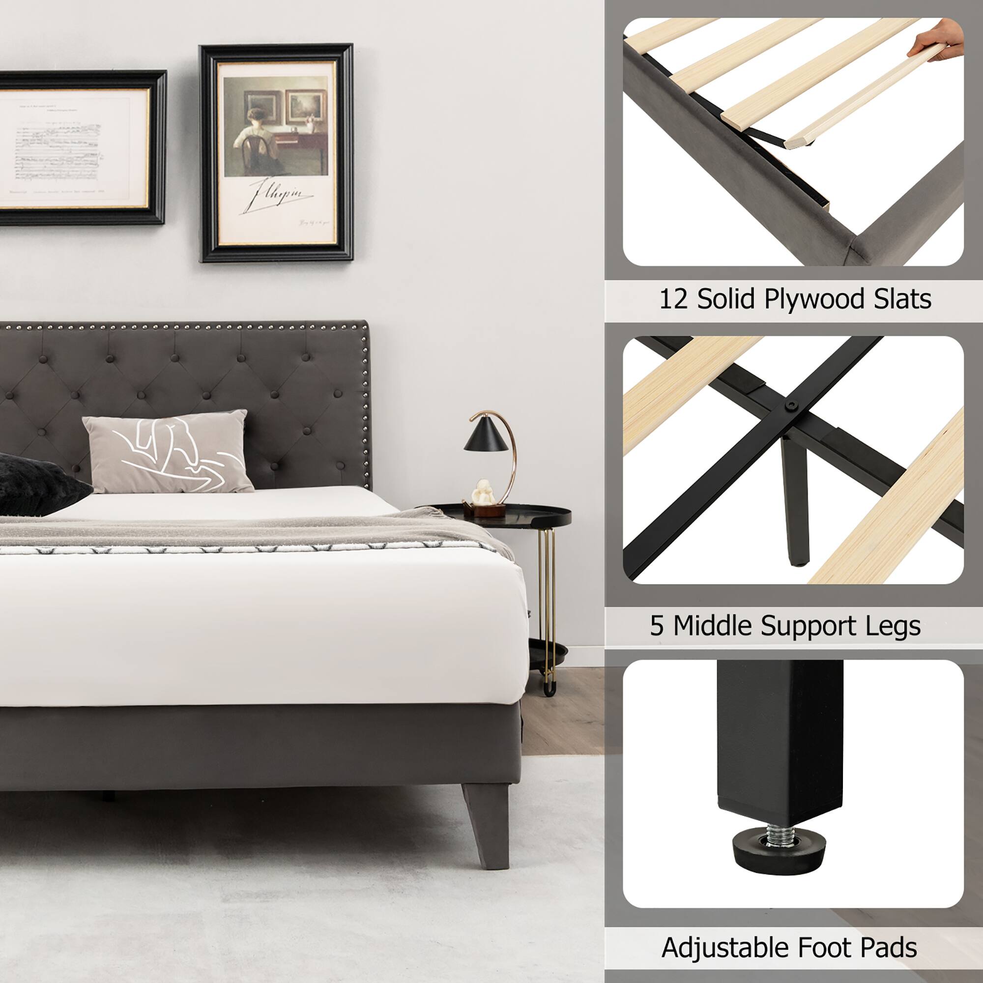 12 Solid Plywood Slats, 5 Middle Support Legs, Adjustable Foot Pads