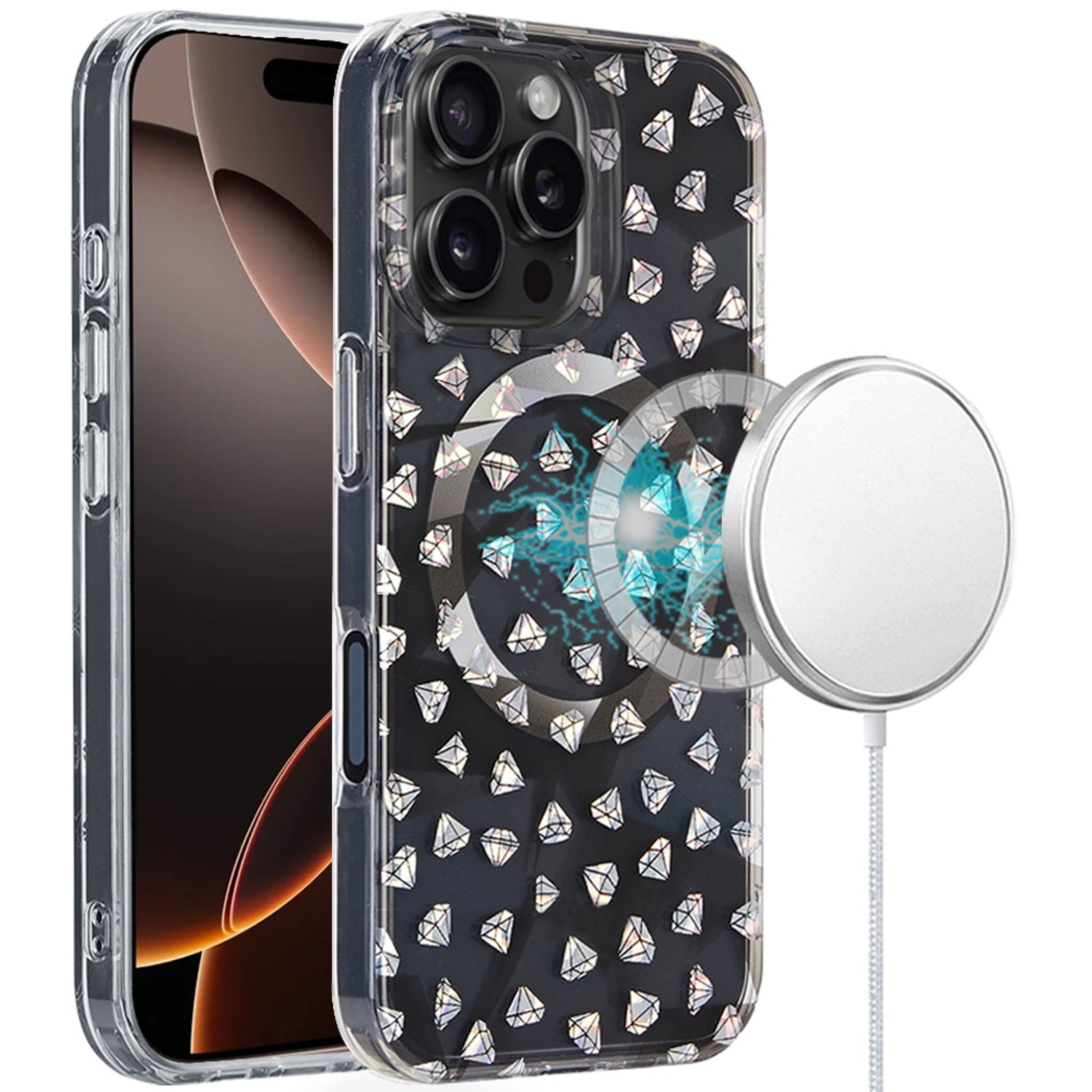 Kitcheniva - IMD Dual Layer Magnetic Circle Cover Phone Case With Tempered Glass For iPhone 16 Pro Smoke Diamond Holographic - Multicolor price history on PriceWatchPro