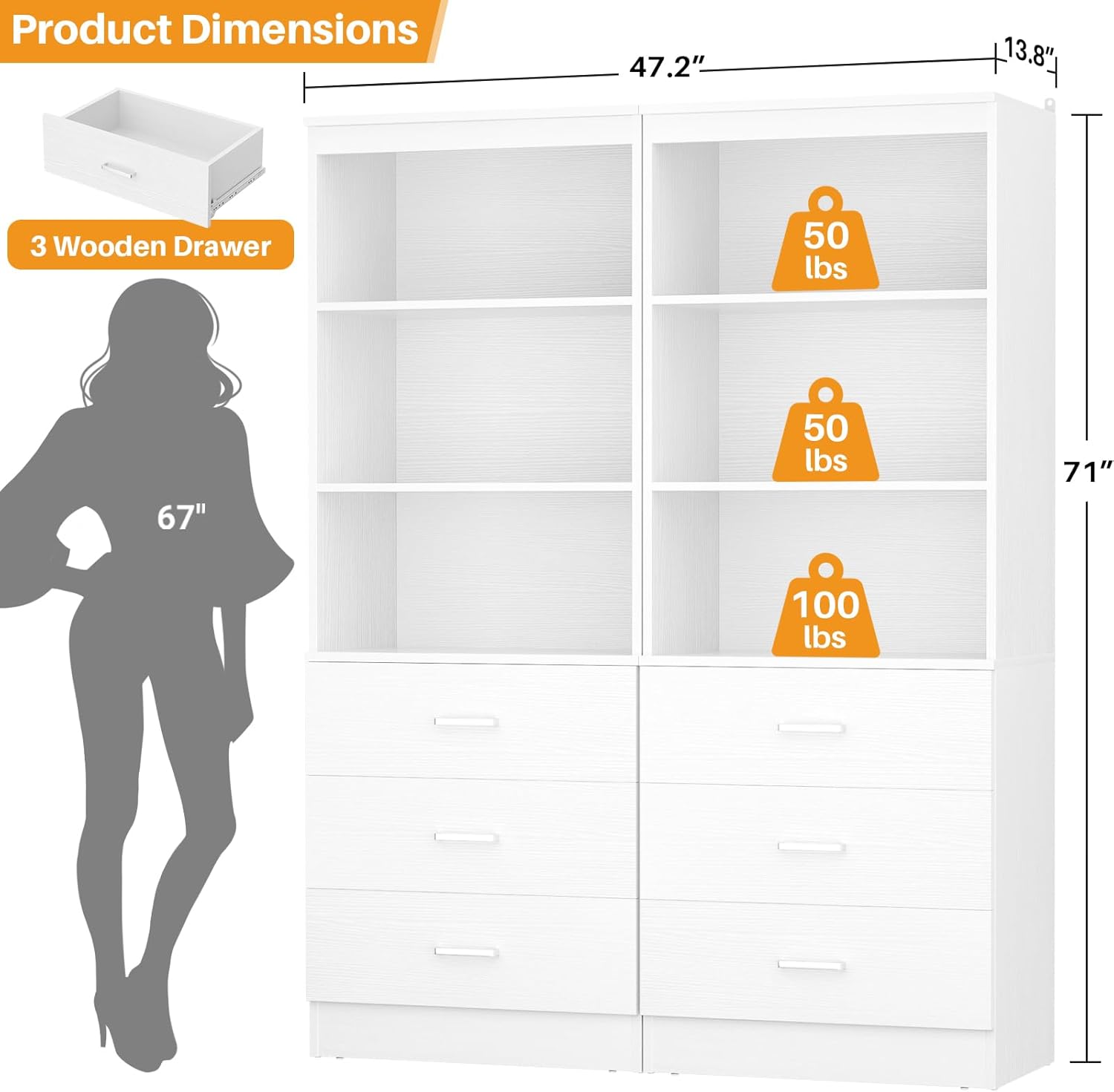 Product Dimensions: 47.2" x 13.8" x 67"  
3 Wooden Drawer  
50 lbs  
71"  
100 lbs