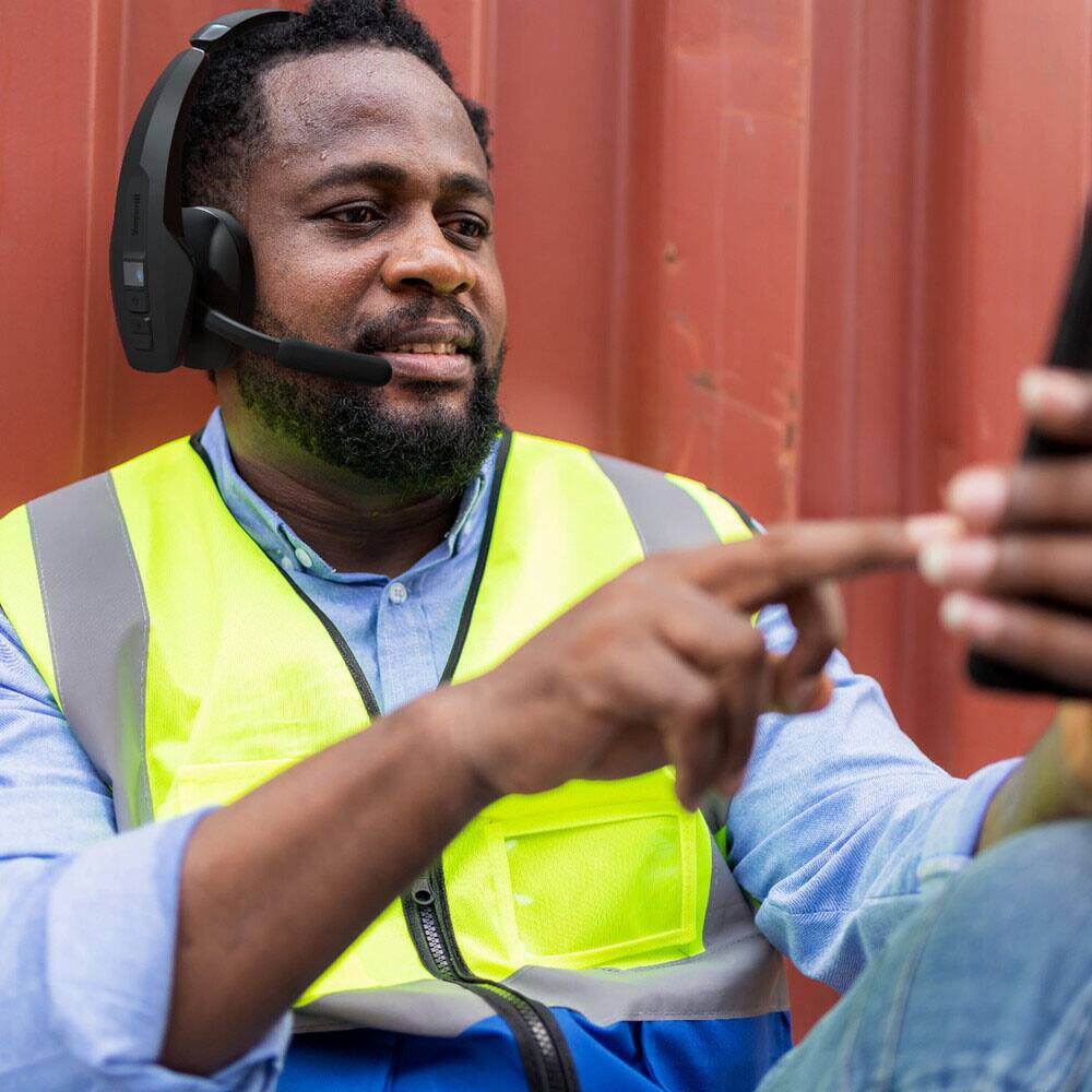 Alt View 9. BlueParrott - Pro B450 Wireless Bluetooth Mono Headset with 98% AI Voice Isolation Mics, ANC audio, and All-Day Comfort - Black.