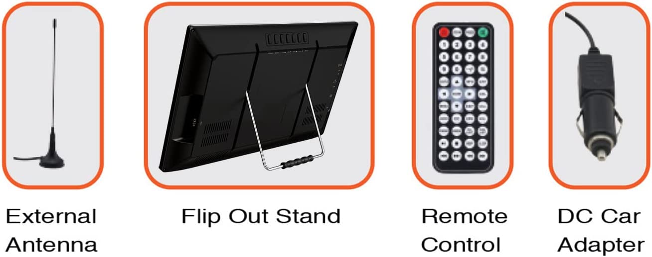 External Antenna, Flip Out Stand, Remote Control, DC Car Adapter