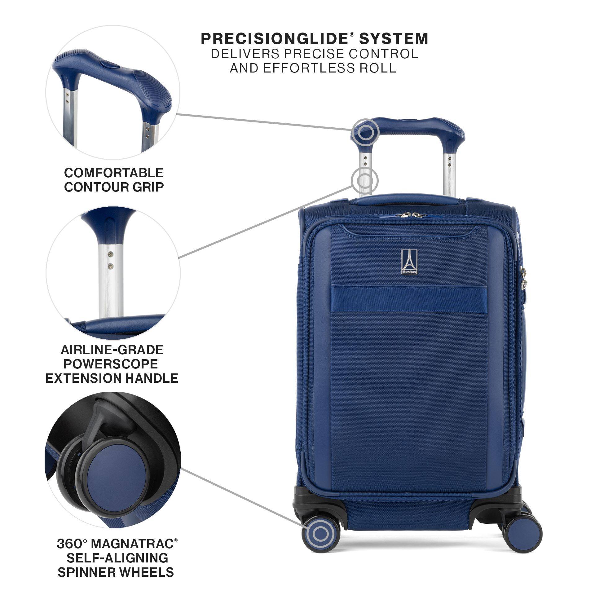 PRECISIONGLIDE SYSTEM DELIVERS PRECISE CONTROL AND EFFORTLESS ROLL  
COMFORTABLE CONTOUR GRIP  
AIRLINE-GRADE POWERSCOPE EXTENSION HANDLE  
360° MAGNATRAC® SELF-ALIGNING SPINNER WHEELS