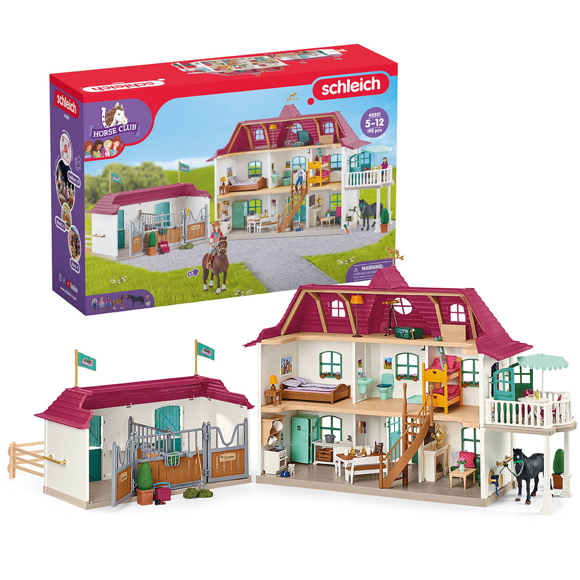 The image features a Schleich toy set, which includes a house, a horse, and a dog. The set is designed for children aged 5-12 years old and is made of plastic. The house has a red roof, and the horse is located in the backyard. The dog is also present in the scene, standing near the house. The toy set is packaged in a box, which is placed next to the house and the horse.