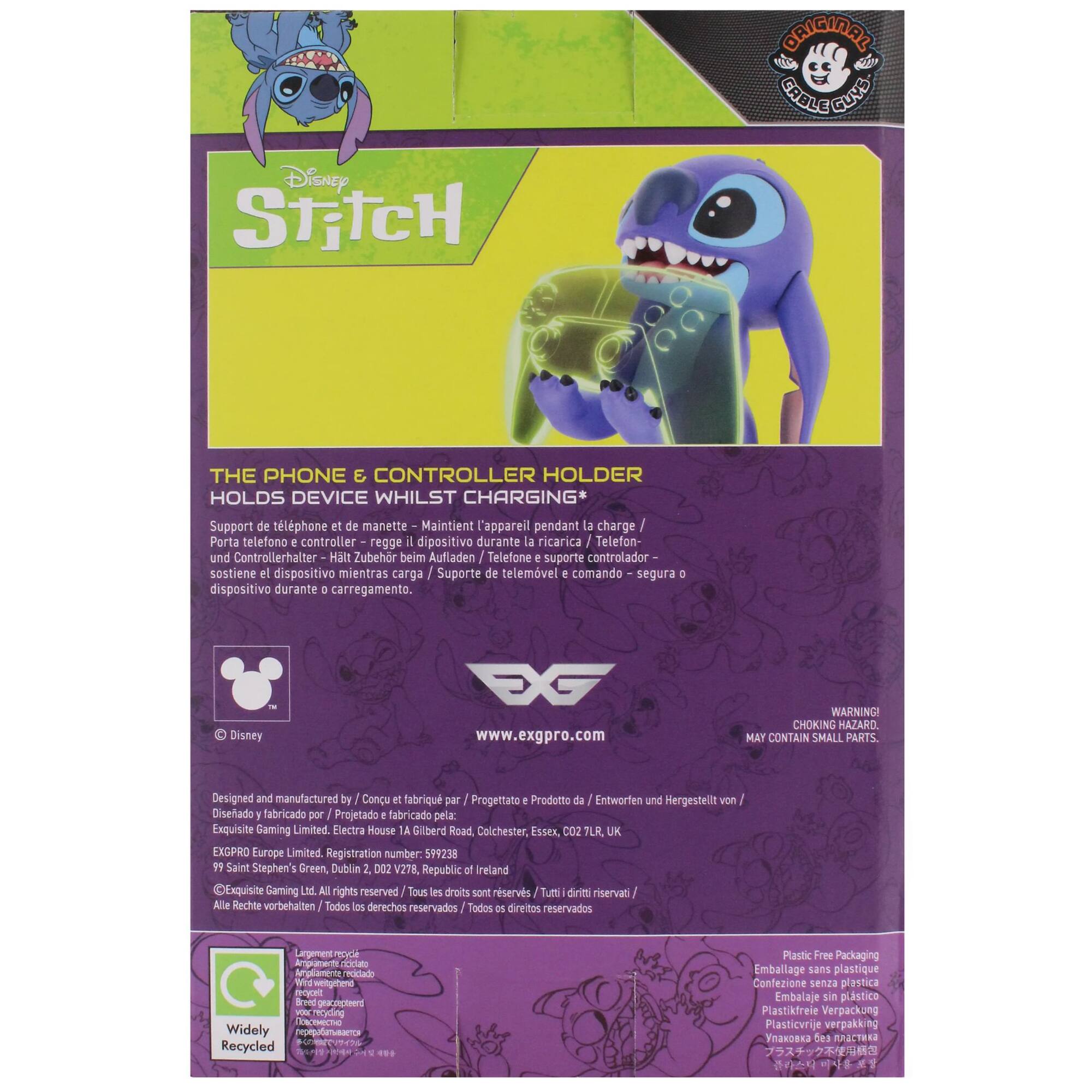 The image features a purple box with a phone and controller holder for Disney Stitch. The box is designed to hold the device while it is charging. The product is made by Exquisite Gaming Limited and is available in Europe. The box also has a warning that it may contain small parts, posing a choking hazard. The product is designed to hold the phone and controller securely during charging.