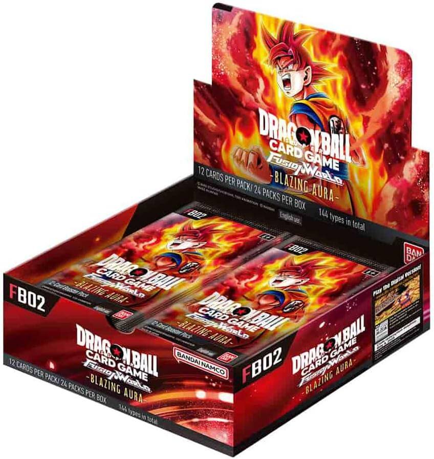 DRAGON BALL CARD GAME FUSION WORLD - BLAZING AURA  
12 CARDS PER PACK / 24 PACKS PER BOX  
144 types in total  
B02  
BANDAI NAMCO