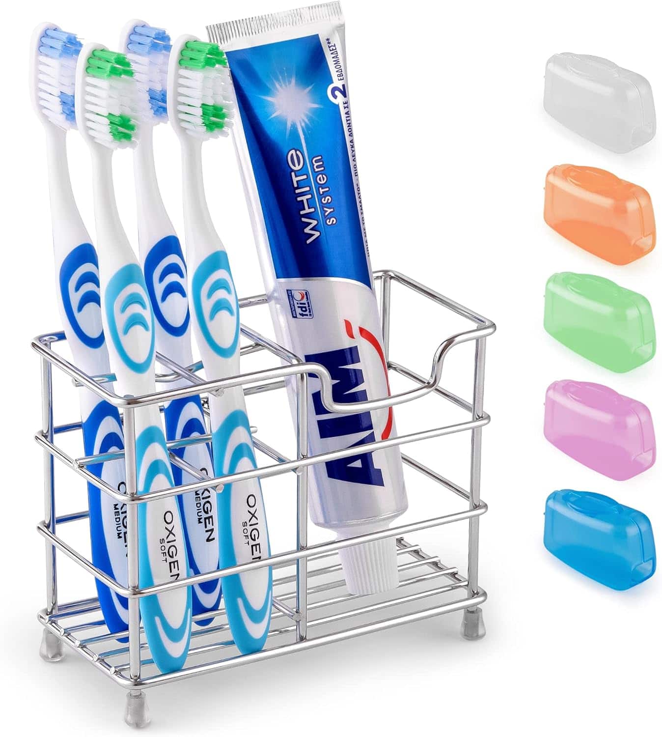 Zulay Kitchen - Zulay Home Toothpaste and Toothbrush Stand Organizer with 5 Colorful Toothbrush Cases Included - Silver