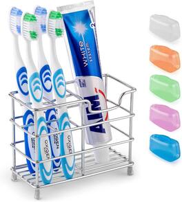 Zulay Kitchen - Zulay Home Toothpaste and Toothbrush Stand Organizer with 5 Colorful Toothbrush Cases Included - Silver