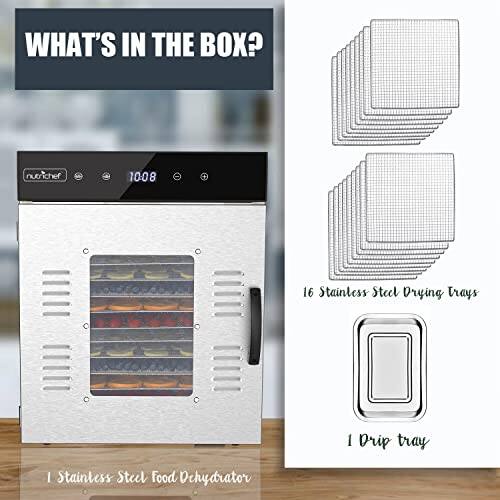 WHAT'S IN THE BOX?

- 1 Stainless Steel Food Dehydrator
- 16 Stainless Steel Drying Trays
- 1 Drip Tray