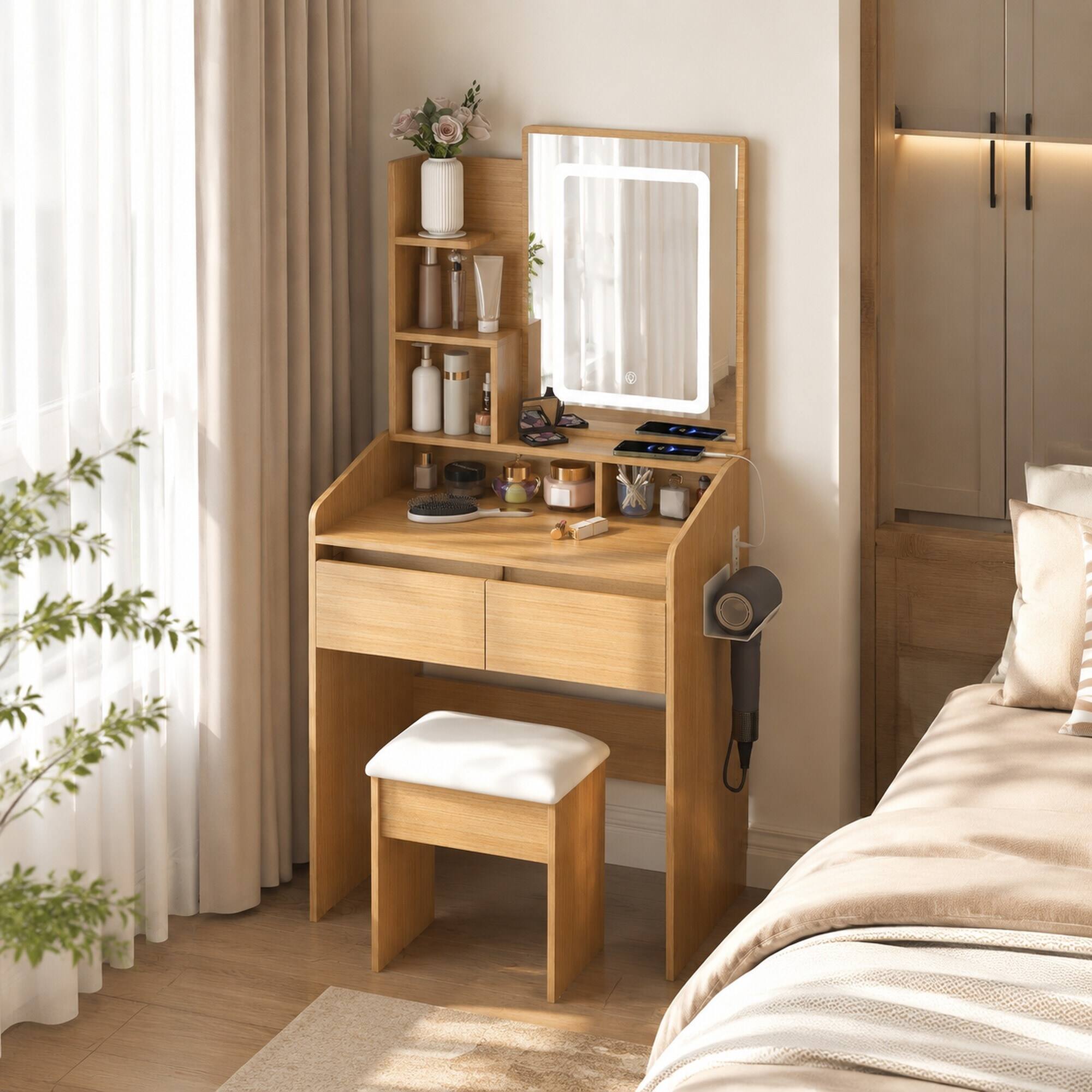 Angle. RYHNUYNE - Compact Vanity Table, LED Lighted Mirror, Power Outlet, Hairdryer Holder, Soft Stool, Wood Finish - Wood.