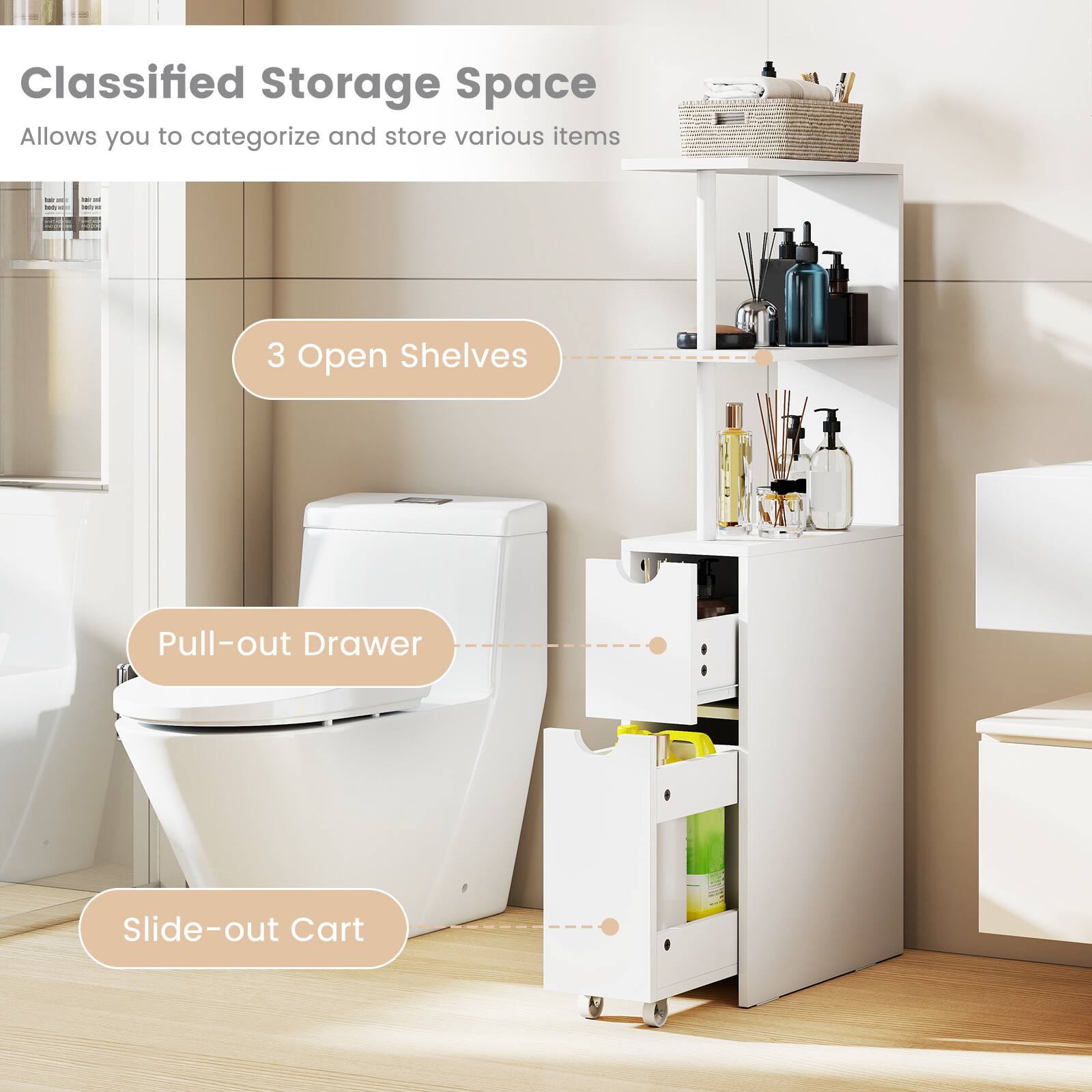 Classified Storage Space  
Allows you to categorize and store various items

- 3 Open Shelves
- Pull-out Drawer
- Slide-out Cart