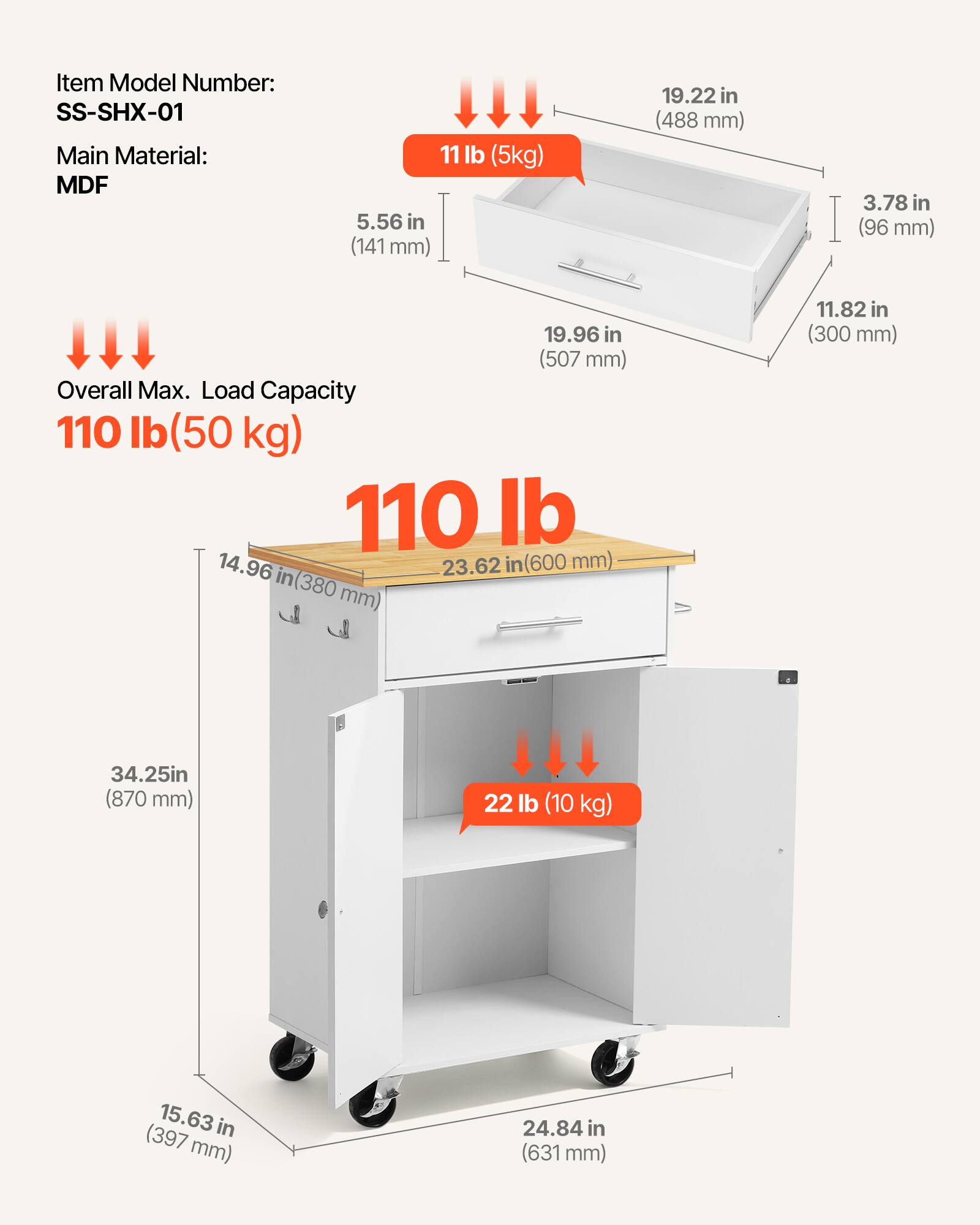 Item Model Number: SS-SHX-01  
Main Material: MDF  
Weight: 11 lb (5 kg)  
Dimensions:  
- 5.56 in (141 mm)  
- 19.22 in (488 mm)  
- 3.78 in (96 mm)  
- 19.96 in (507 mm)  
- 11.82 in (300 mm)  
- 34.25 in (870 mm)  
- 15.63 in (397 mm)  
- 24.84 in (631 mm)  
Overall Max. Load Capacity: 110 lb (50 kg)