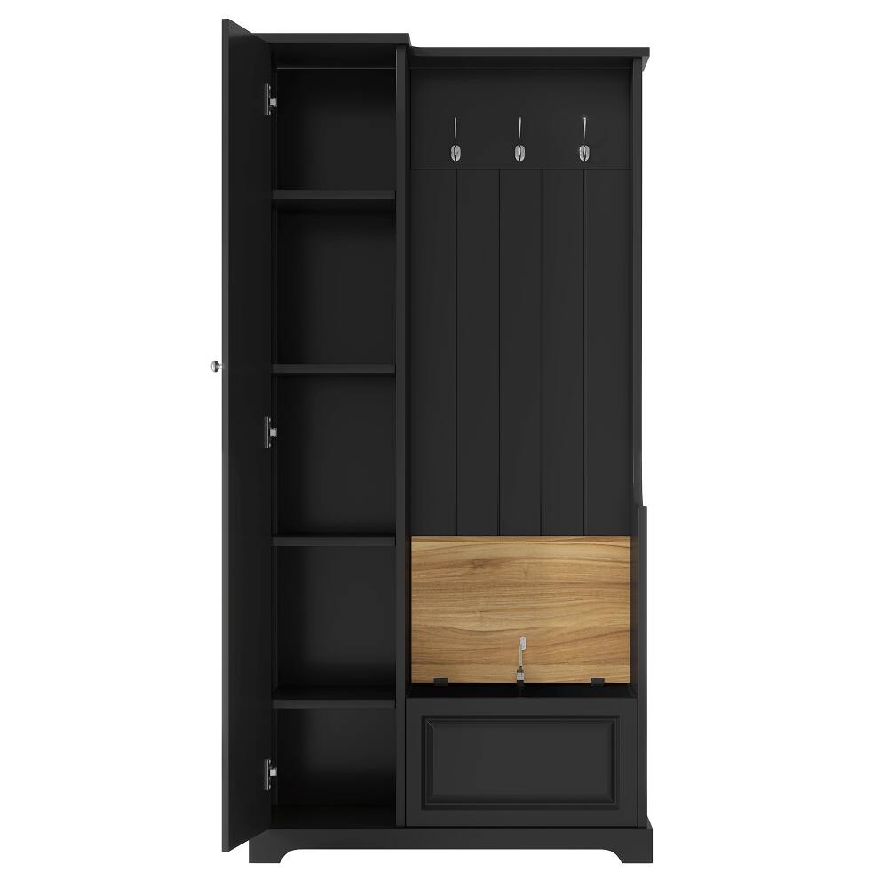 Alt View 7. Loheer - Loheer black hall tree with flip-up bench, adjustable shelves, tall cabinet - Black.