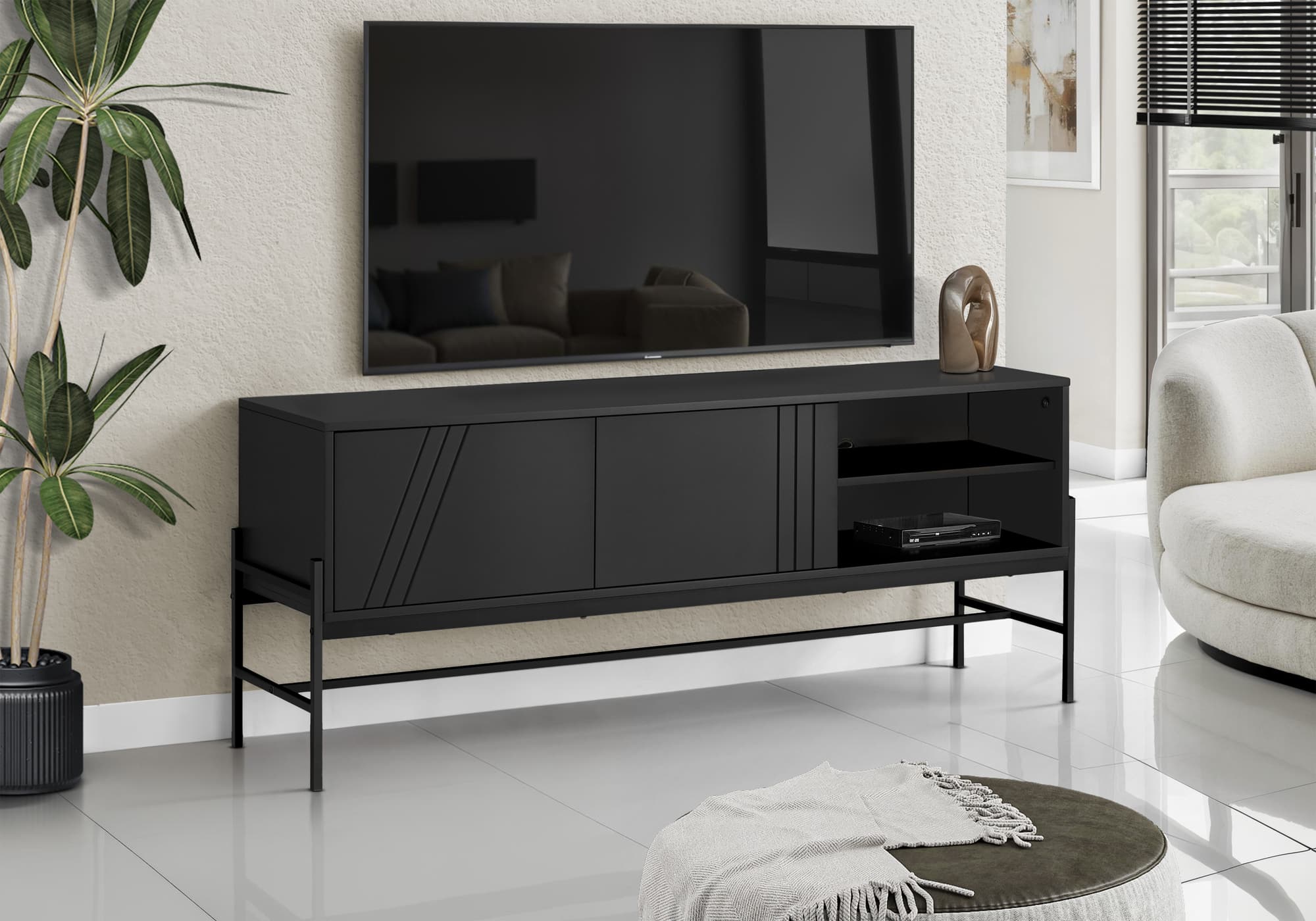 APRILSOUL - Tv Stand 60 Inch Console Media Entertainment Center Storage Cabinet Living Room Bedroom Laminate Metal - Black