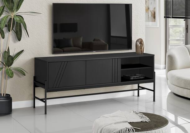 Front. APRILSOUL - Tv Stand 60 Inch Console Media Entertainment Center Storage Cabinet Living Room Bedroom Black Laminate Black Metal - Black.