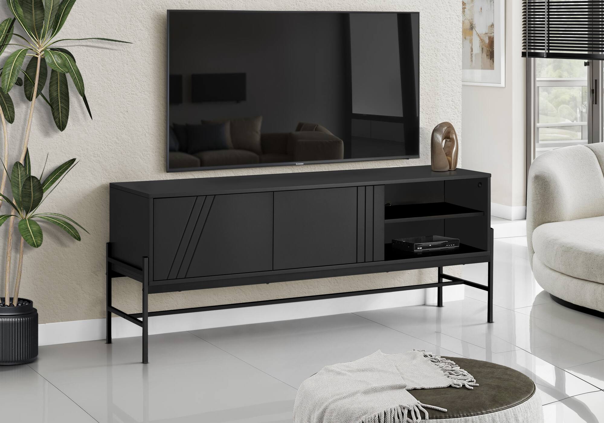 Front. APRILSOUL - Tv Stand 60 Inch Console Media Entertainment Center Storage Cabinet Living Room Bedroom Black Laminate Black Metal - Black.