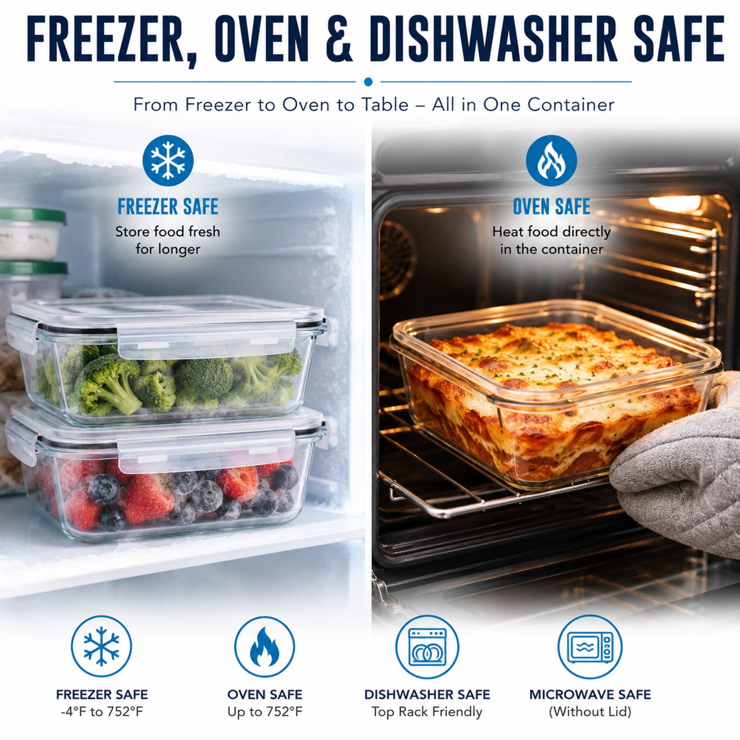 FREEZER, OVEN & DISHWASHER SAFE  
From Freezer to Oven to Table - All in One Container  

FREEZER SAFE  
Store food fresh for longer  

OVEN SAFE  
Heat food directly in the container  

FREEZER SAFE  
-4°F to 752°F  

OVEN SAFE  
Up to 752°F  

DISHWASHER SAFE  
Top Rack Friendly  

MICROWAVE SAFE  
(Without Lid)