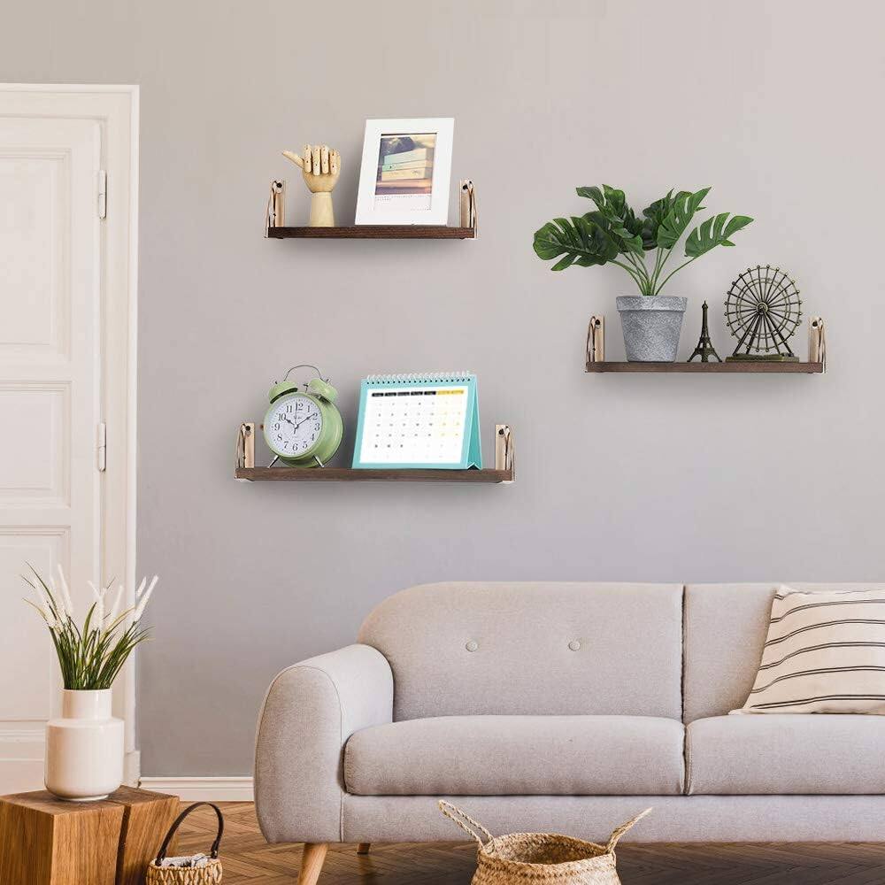 Alt View 1. Oumilen - 3 Pack Floating Wall Shelves – Rustic Wood Shelves with Golden Circle Brackets, 3 Sizes - Rustic Brown.