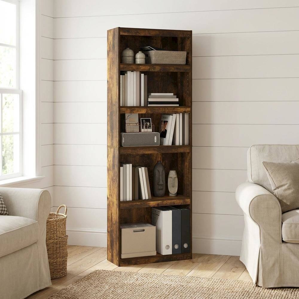 Left. FurniFact - Amber Pine 5-Tier Shelf Bookcase with Ample Storage Space - Amber Pine.