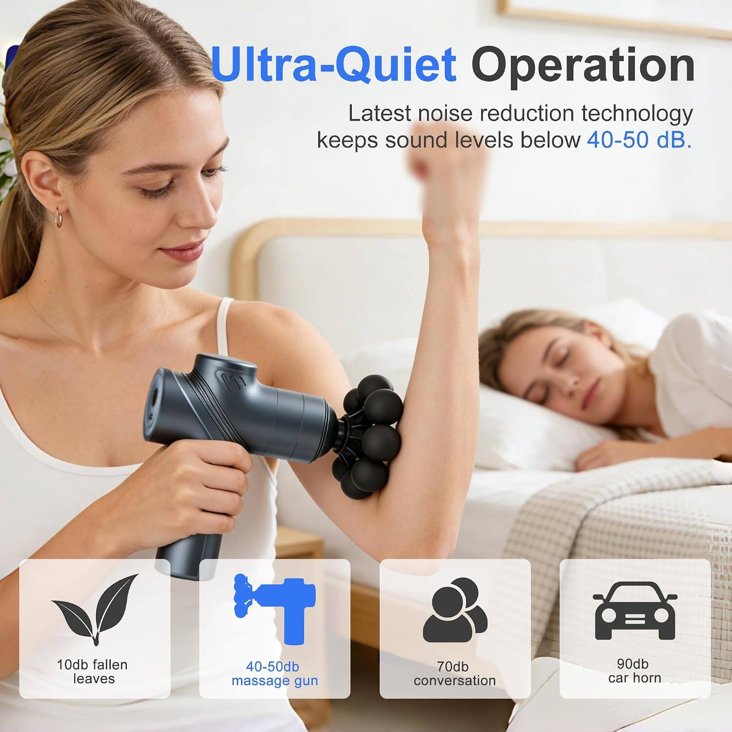 Ultra-Quiet Operation  
Latest noise reduction technology keeps sound levels below 40-50 dB.  

10db fallen leaves  
40-50db massage gun  
70db conversation  
90db car horn