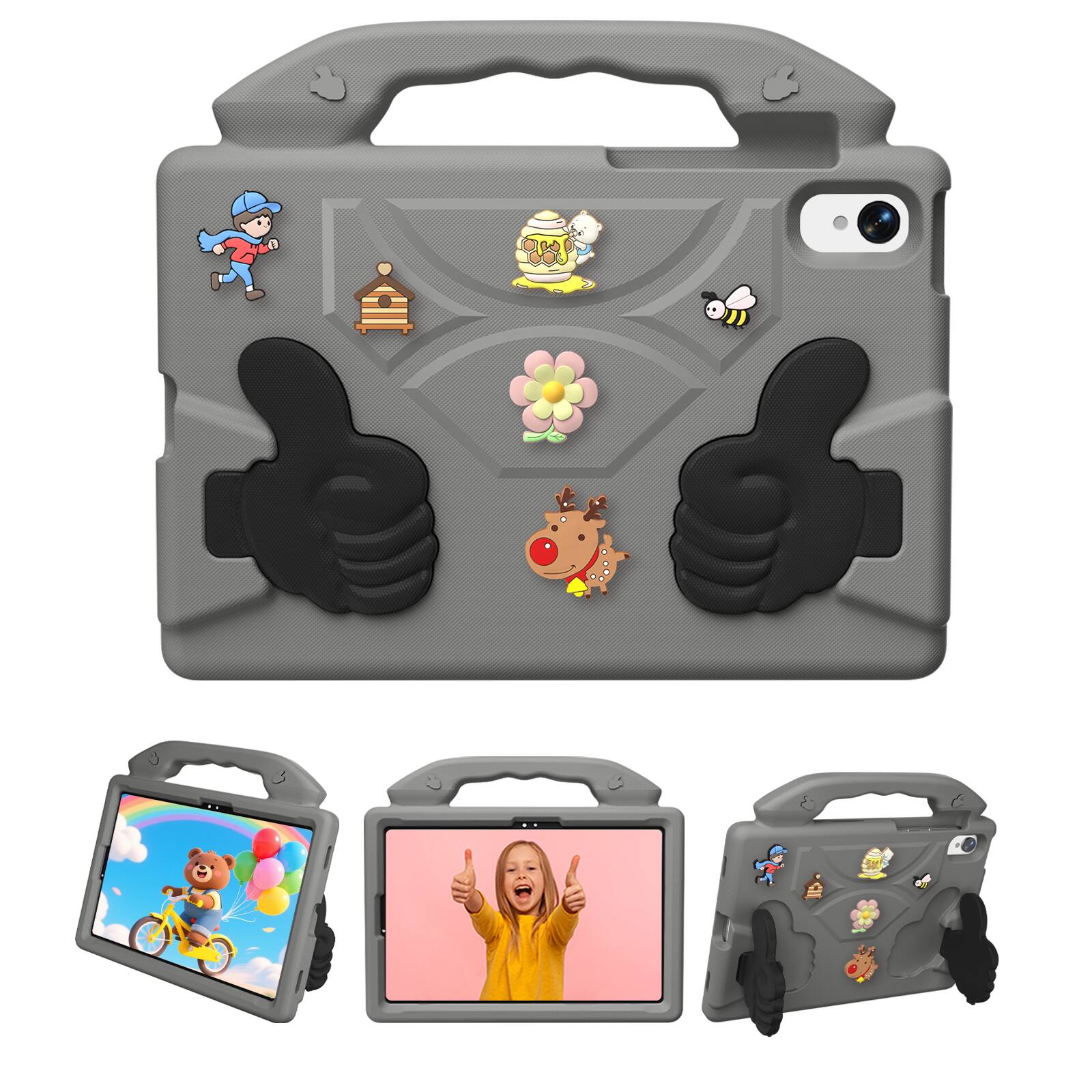 Front. Dteck - Kids Case for Samsung Galaxy Tab S11/S10 Lite/S9 FE 11"/S10 FE 10.9" , Shockproof Silicone Stand Cover with Fun Charms - Gray.
