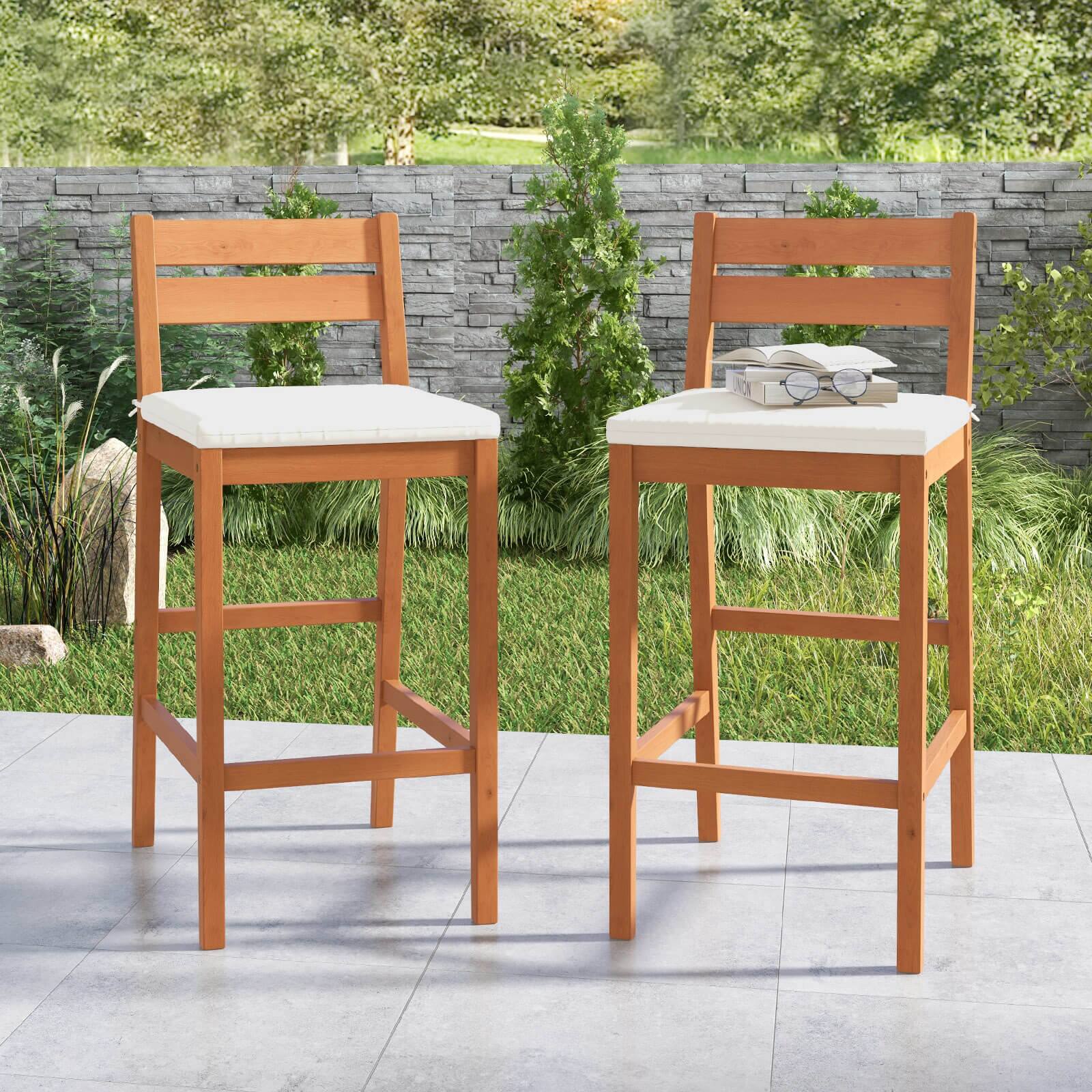 Alt View 2. Costway - Costway Outdoor Wood Barstools Set of 2 Eucalyptus Wood Bar Height Chairs Cushioned Seat - Off White + Natural.