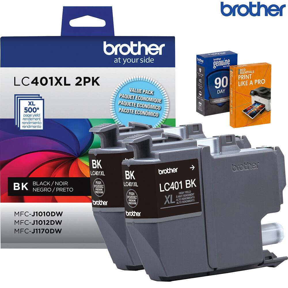 brother at your side LC401XL 2PK VALUE PACK PAQUET ECONOMIQUE XL PAQUETE 500* ECONOMICO PACOTE ECONOMICO page yield rendement rendimiento rendimento nter nortlend genuine ECO SSENTIALS PRINT e 90 A PRO LIKE DAY PRODT LTO HARBAN rN BLACK NOIR BK NEGRO / PRETO MFC-J1010DW MFC-J1012DW MFC-J1170DW BK LC401XL PUSH POUSSEZ PRETONE -S brother BK LC401XL PUSH POUSSEZ PROSON -ESS brother brother LC401 BK HIGH TIELO I NALT ENDCMENT XL ALTO REDMMIENTO ALTO RENDIMENTO
