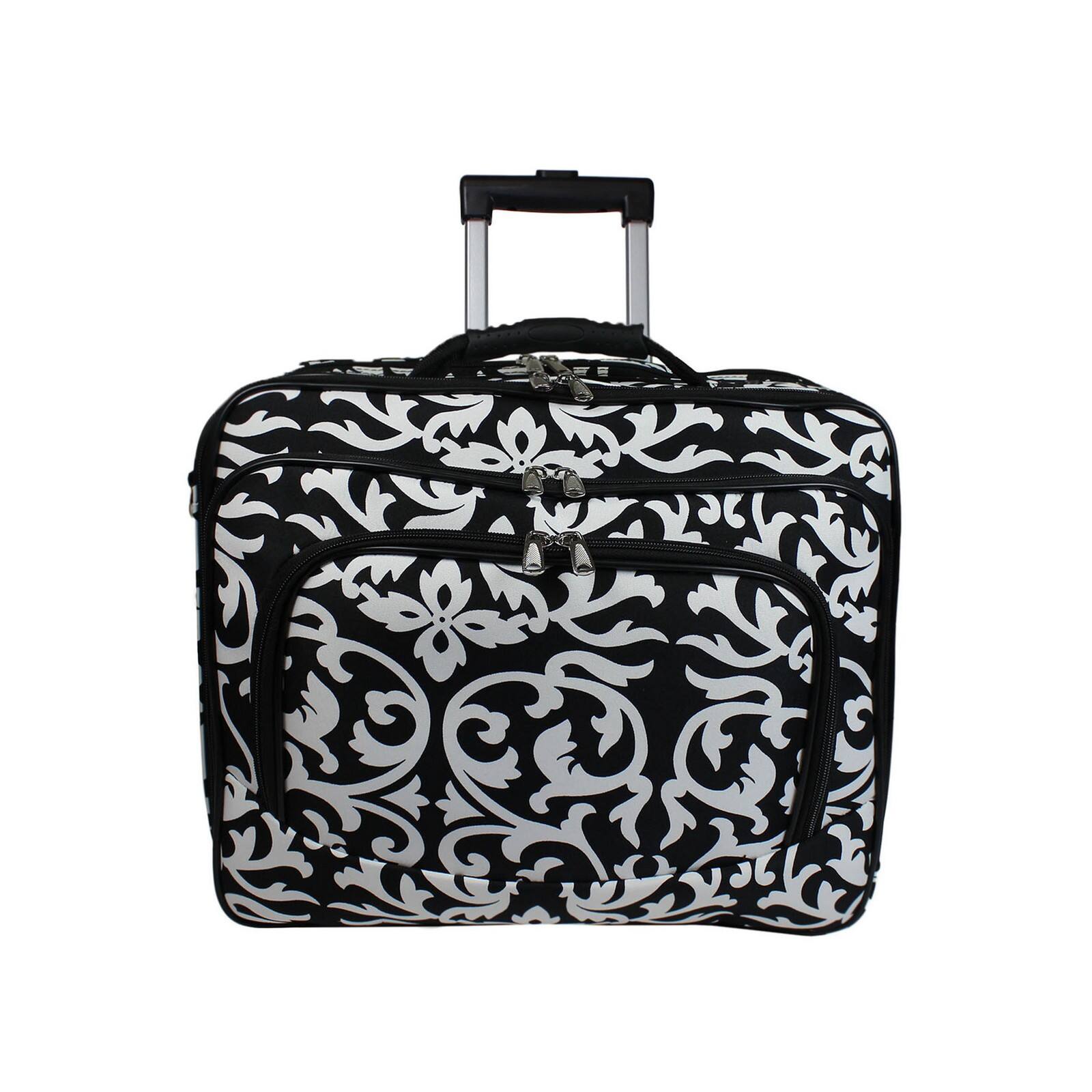 Left. World Traveler - 17-Inch Rolling Computer Case with Telescopic Handle and In-Line Skate Wheels – Heavy-Duty 600D Polyester - Damask.