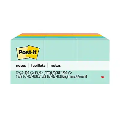 Post-it
notes | feuillets | notas
12 x 100 EA/CH. TOTAL/CONT. 1200
1 13/8 IN/PO/PULG x 1 7/8 IN/PO/PULG (34.9 mm x 47.6 mm)
3M