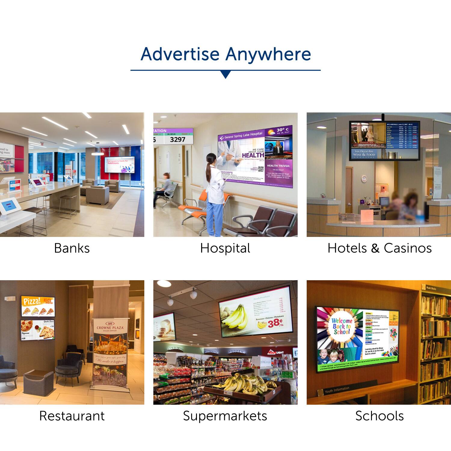 Advertise Anywhere

Banks
Hospital
Hotels & Casinos
Restaurant
Supermarkets
Schools