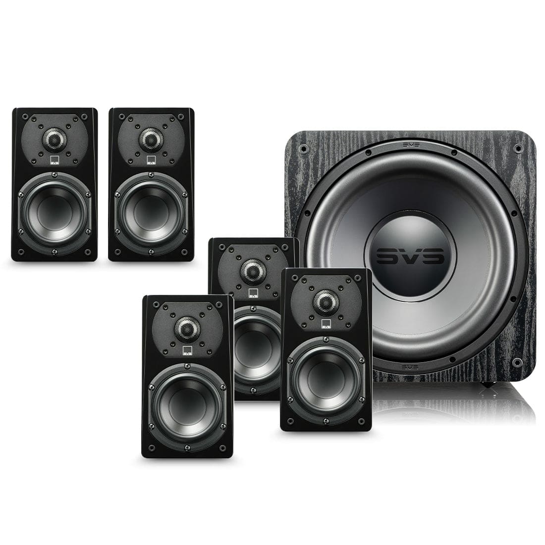 The image features a set of four speakers and a subwoofer, all made by the brand SVS. The speakers are arranged in a semi-circle, with the subwoofer positioned at the center. The speakers are placed in front of the subwoofer, creating an impressive audio setup.