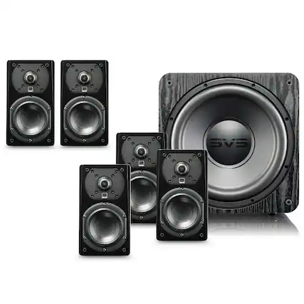The image features a set of four speakers and a subwoofer, all made by the brand SVS. The speakers are arranged in a semi-circle, with the subwoofer positioned at the center. The speakers are placed in front of the subwoofer, creating an impressive audio setup.