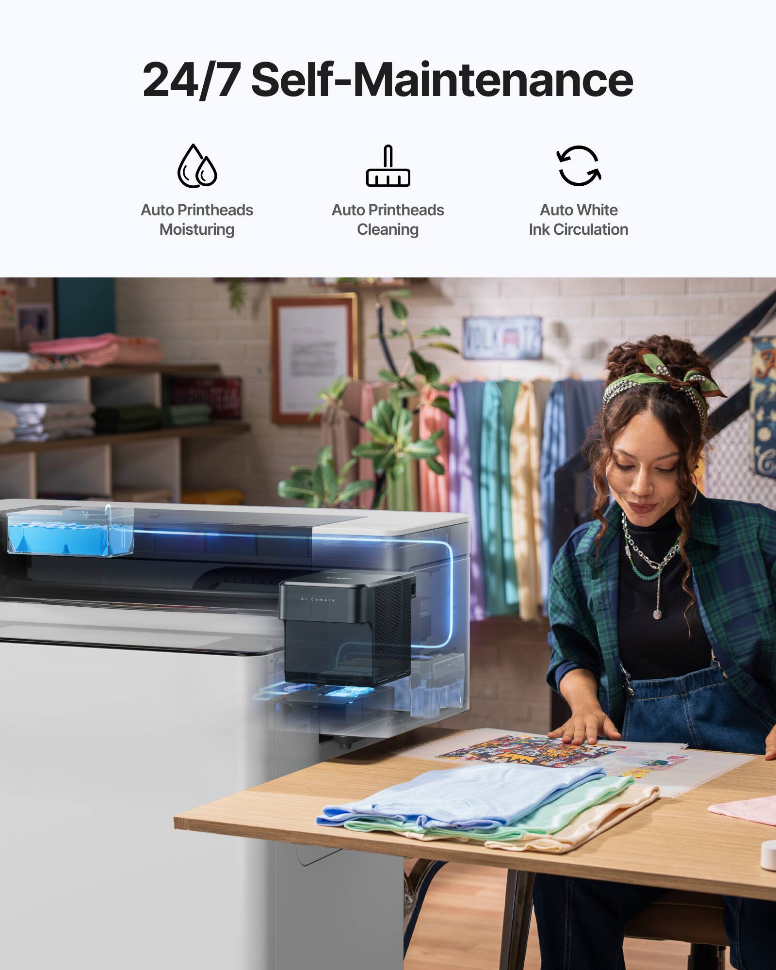 24/7 Self-Maintenance

- Auto Printheads Moisturing
- Auto Printheads Cleaning
- Auto White Ink Circulation