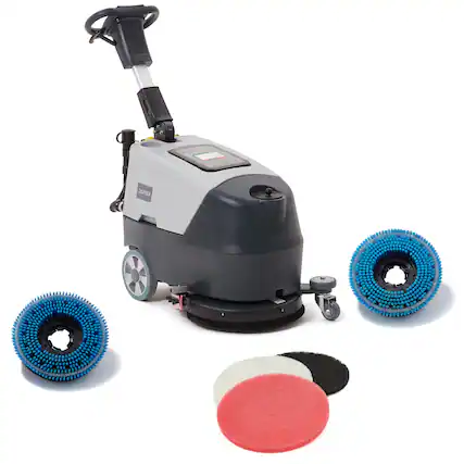 Front. Dapper Supply - Battery Powered Scrubber Machine 16 Inch Brush 21.5 Inch Squeegee 6.5 Gallon Tank 200 RPM 3 Pads - Grey.