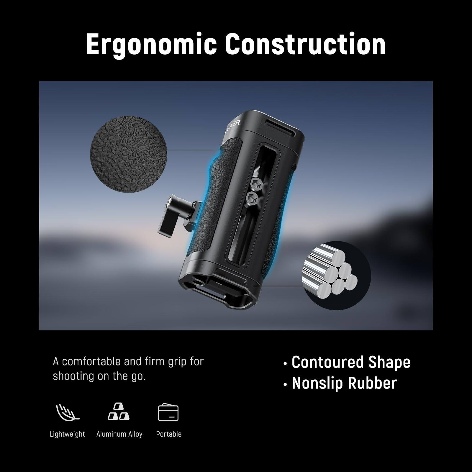 Ergonomic Construction

A comfortable and firm grip for shooting on the go.

- Contoured Shape
- Nonslip Rubber

Lightweight Aluminum Alloy Portable