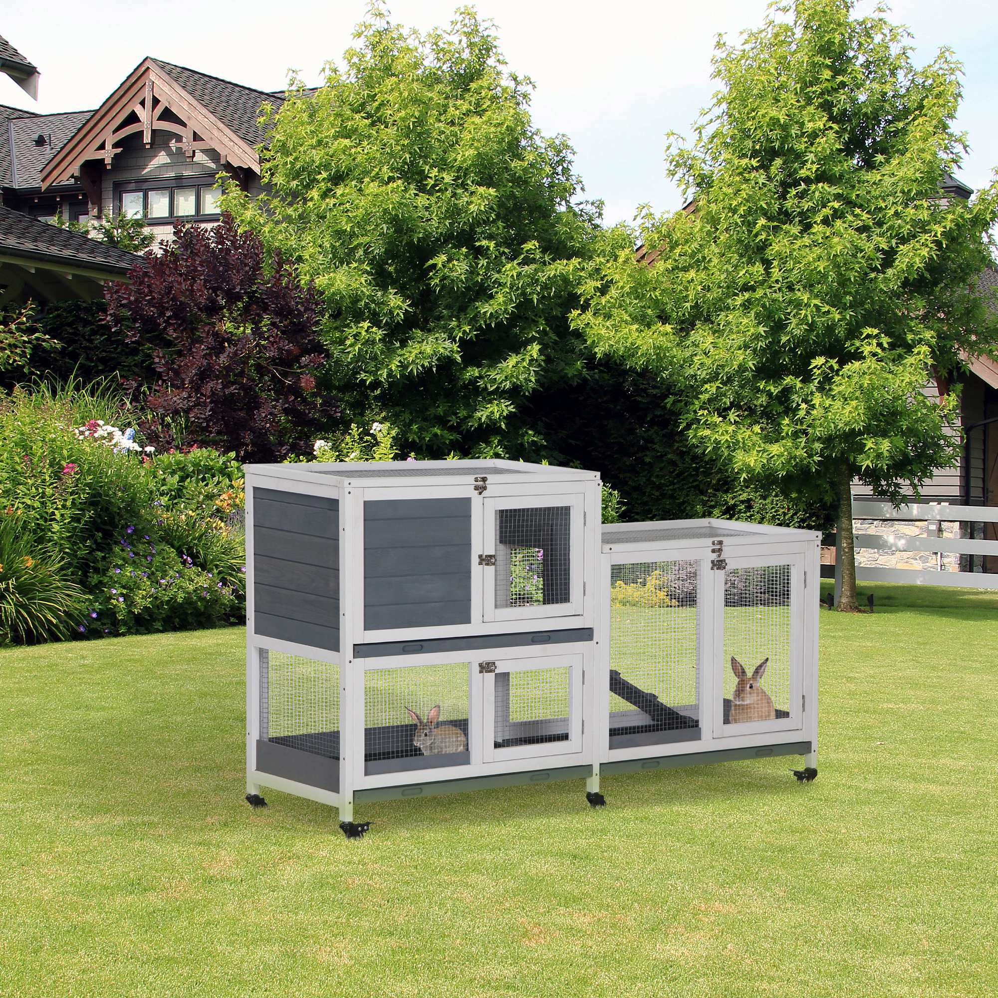 Angle. Pawhut - 57.75"x18"x32.5" Elevated Wooden Rabbit Hutch, Indoor Small Animal Cage with No Leak Tray, Lockable Door, Openable Top.