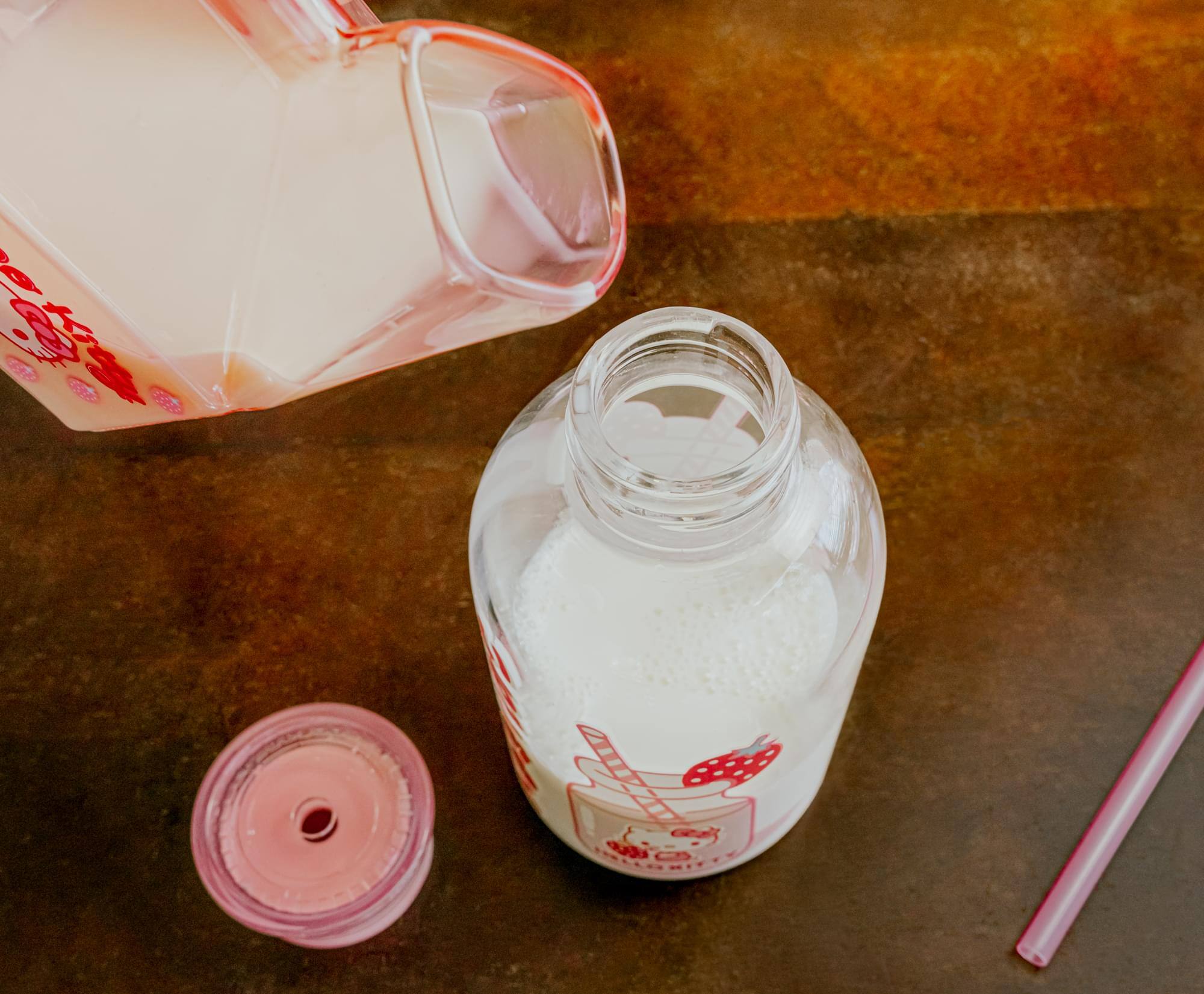 Alt View 5. Silver Buffalo - Sanrio Hello Kitty Strawberry Glass Milk Bottle With Straw | Holds 15 Ounces - Pink.