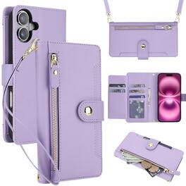Dteck - Crossbody Zipper Wallet Case for Apple iPhone 16 Plus,Faux Leather Magnetic Closure Flip Credit Card Holder Cover - Purple