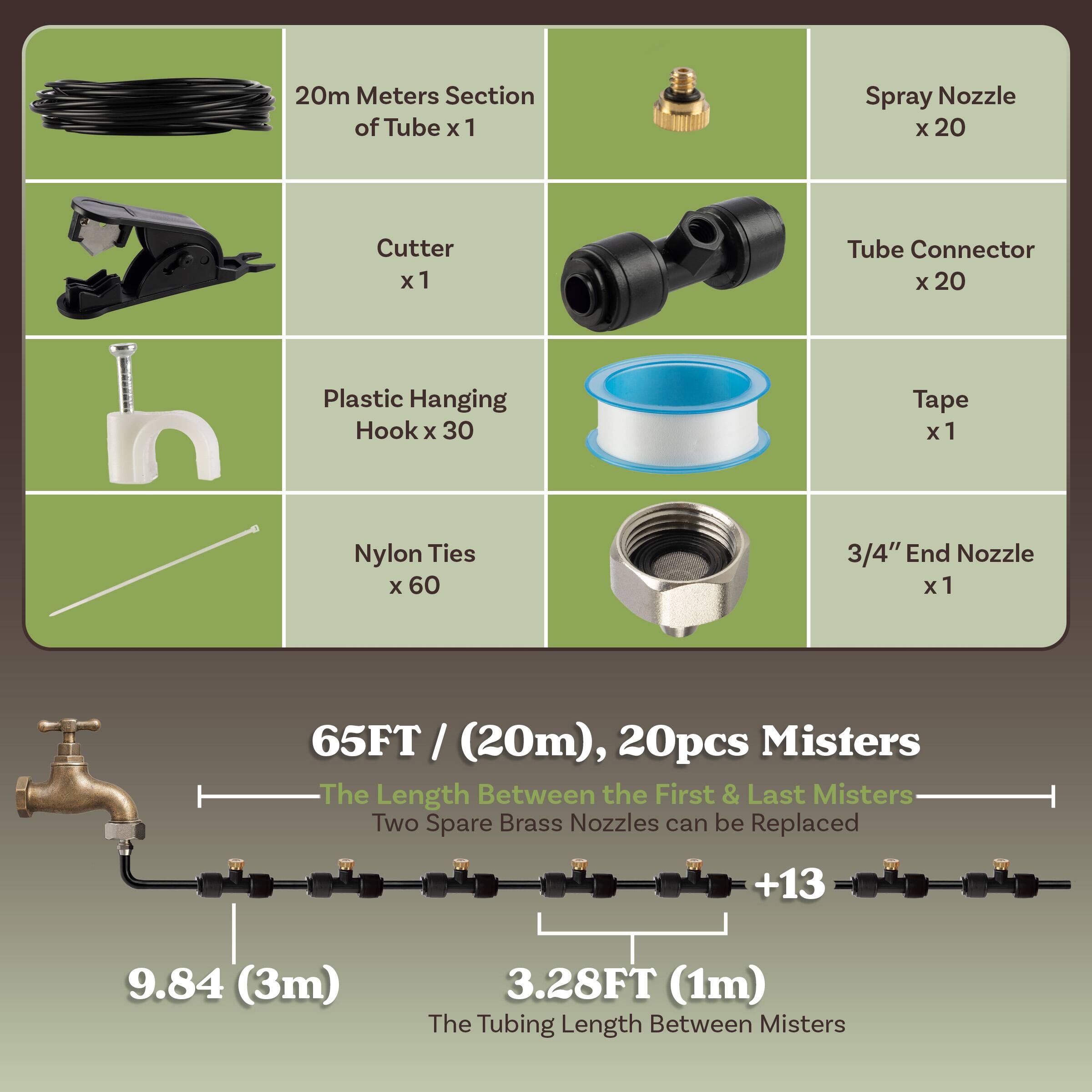 20m Meters Section of Tube x 1  
Spray Nozzle x 20  
Cutter x 1  
Tube Connector x 20  
Plastic Hanging Hook x 30  
Tape x 1  
Nylon Ties x 60  
3/4" End Nozzle x 1  

65FT / (20m), 20pcs Misters  
The Length Between the First & Last Misters  
Two Spare Brass Nozzles can be Replaced  

9.84 (3m)  
3.28FT (1m)  
The Tubing Length Between Misters