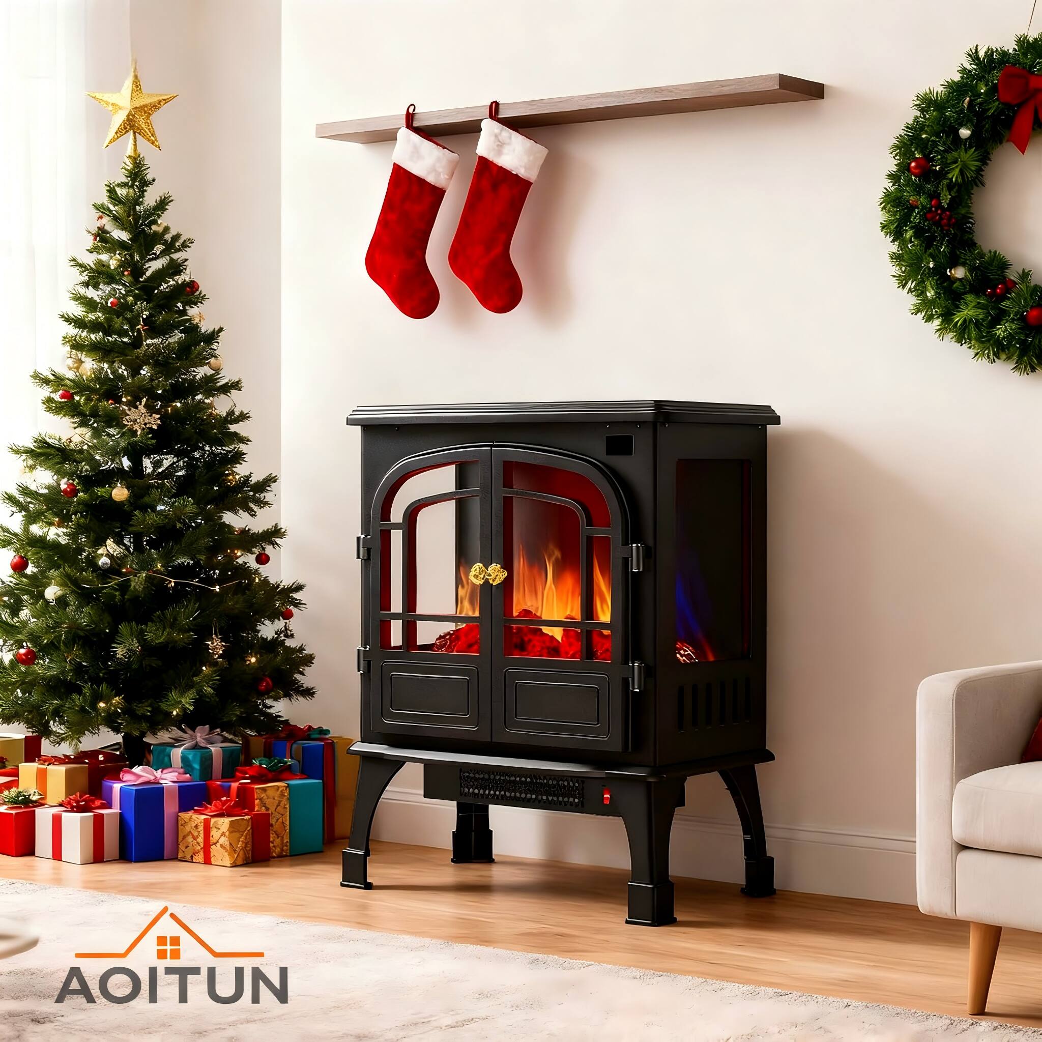 Alt View 5. AOITUN - 26” Double-Door Freestanding Electric Fireplace Heater, 3D Flame, Overheat Safety, 12H Timer & Remote - black.