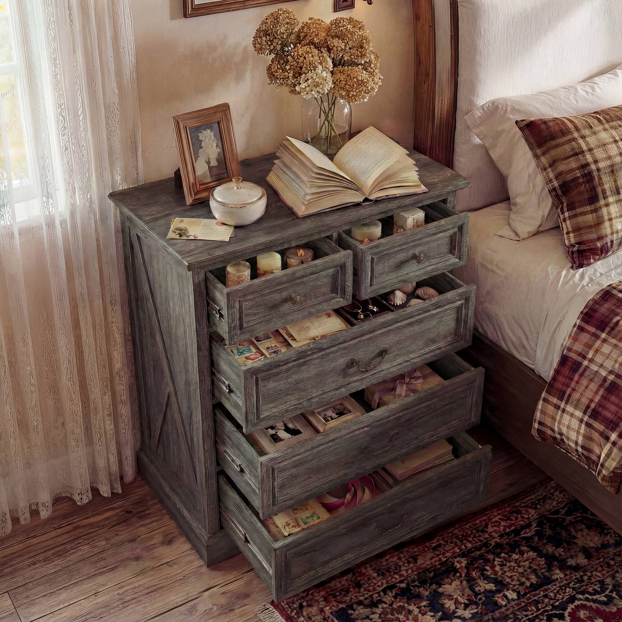 Alt View 8. FUFU & GAGA - Vintage 5-Drawer Dresser Chest - Distressed Finish Bedroom Storage Organizer with Bronze Hardware for Clothes, Linens - Distressed gray.