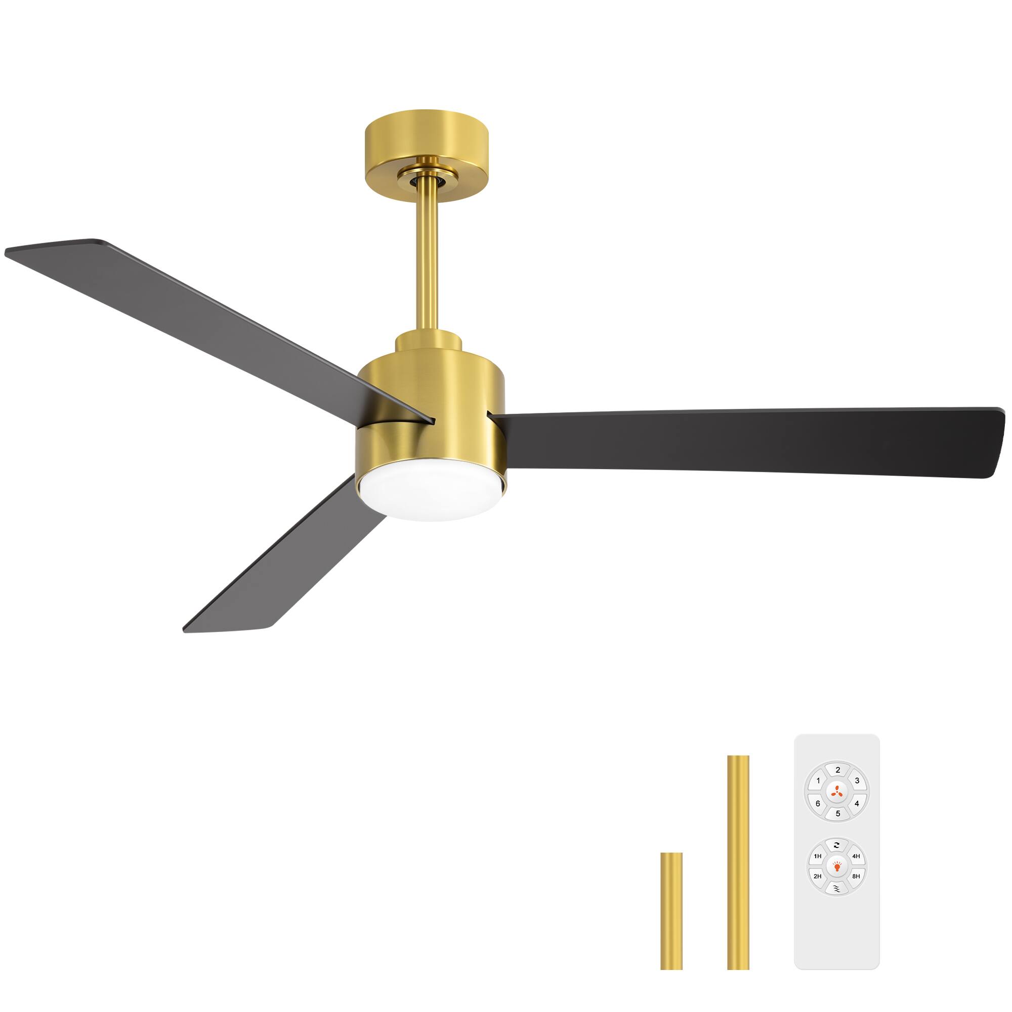 Angle. Breezary - 52" Indoor Ceiling Fan, 3 Plywood Blades, 6-Speed DC Motor, Remote & Timer, 5" & 10" Downrods, LED Light/No Light Option - Gold and Black (With Light).