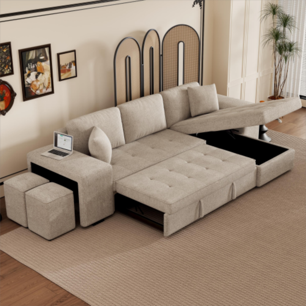 Alt View 1. LUCKY ONE - 104.5" L-Shape Reversible Pull-Out Sleeper Sectional Sofa with Storage Chaise & 2 Stools - Cream.