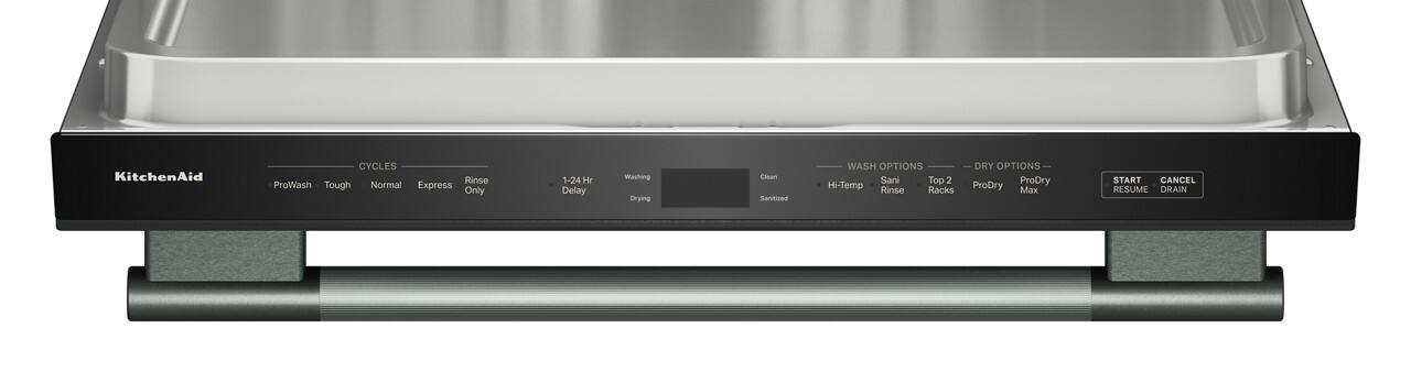 KitchenAid CYCLES Rinse ProWash Tough Normal Express Only 1-24 Hr Delay Washing Drying Clean Sanitized WASH OPTIONS Sani Top 2 Hi-Temp Rinse Racks DRY OPTIONS ProDry ProDry Max START CANCEL RESUME DRAIN