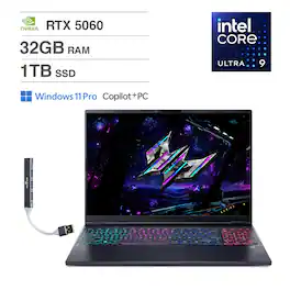 Acer - Predator Helios Neo 16S AI Laptop 16" WQXGA (Intel Ultra 9- 275HX, RTX 5060, 32GB DDR5, 1TB SSD, Win11P) w/USB Hub - Obsidian Black