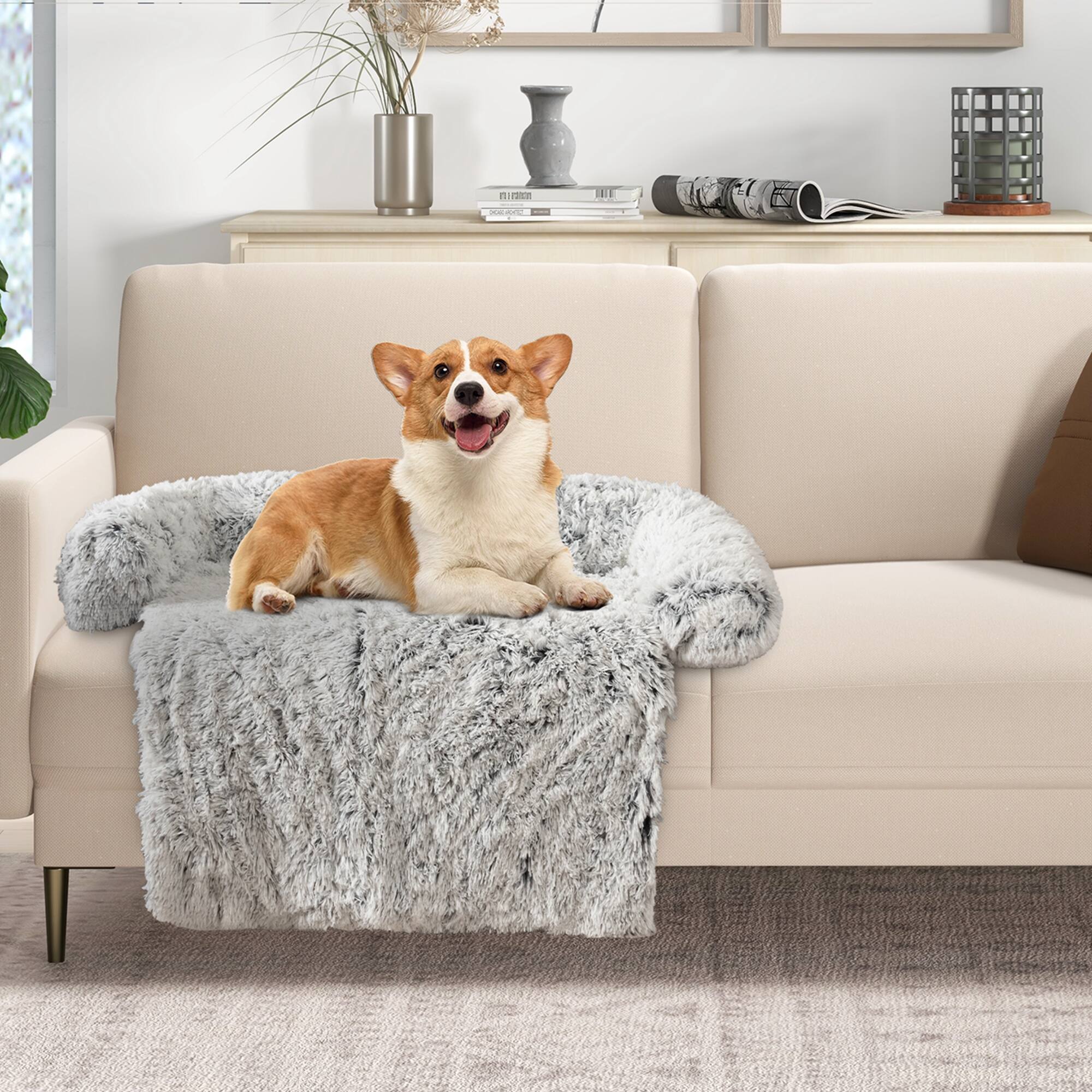 Alt View 1. Costway - Costway Plush Calming Dog Couch Bed with Anti-Slip Bottom Plush Mat for Small Dogs & Cats - Gray.