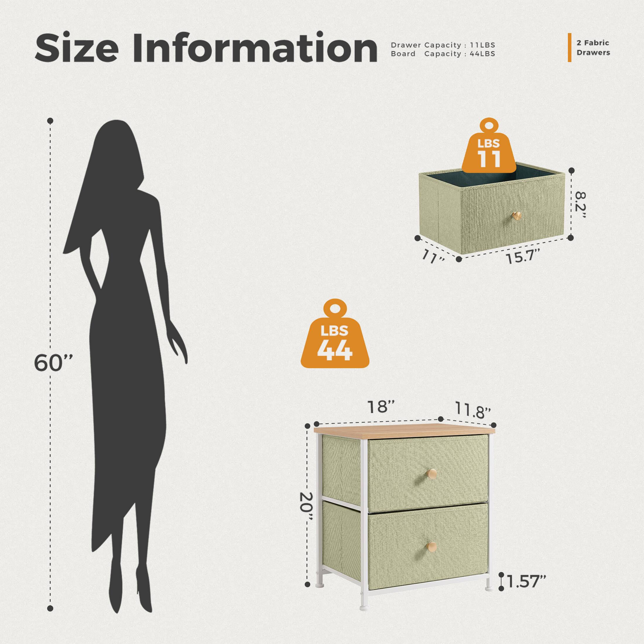 Size Information  
Drawer Capacity: 11LBS  
Board Capacity: 44LBS  
2 Fabric Drawers  

11"  
8.2"  
60"  
15.7"  
18"  
11.8"  
20"  
1.57"