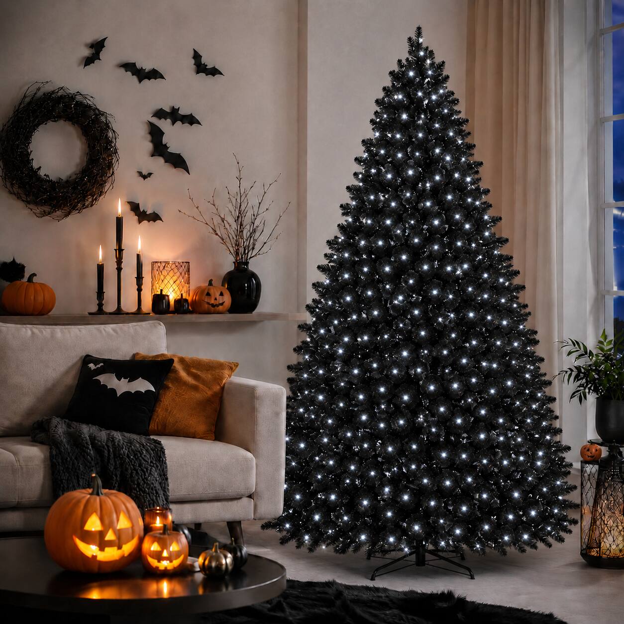 Angle. Anysun - 6ft Christmas Tree with 350 White LED Lights – 1460 Tips PE+PVC Artificial Tree, Hinged Structure & Stable Stand - Black.
