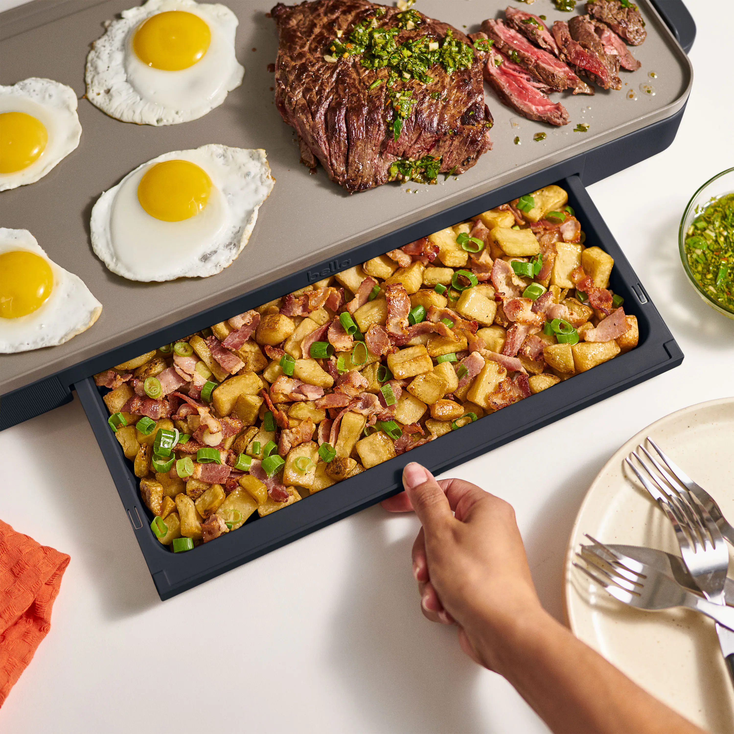 Alt View 3. Bella - 10" x 20" Electric Griddle with Warming Tray - Slate.